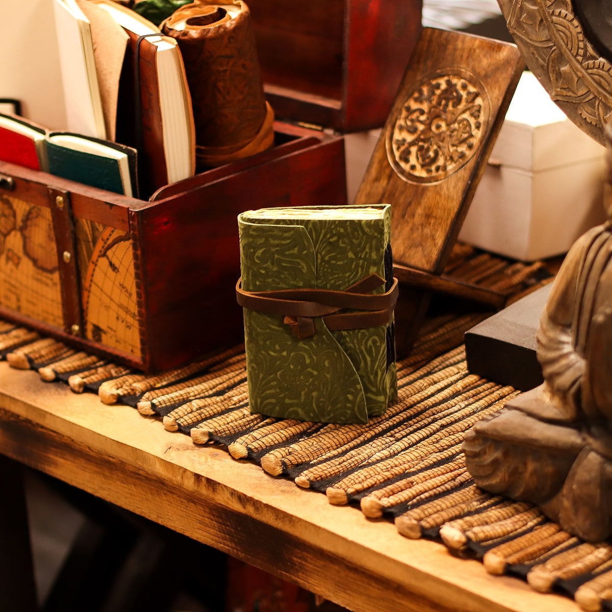 Fat Deckled Leather Notebook - Green Maze Pattern - 12.7x8.9 cm