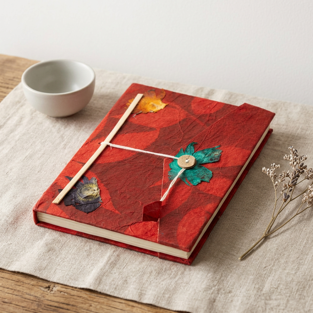 Lokta Bold Floral Notebook - Large (21x15cm) - 45 Leaves - Includes Bookmark - Ruby
