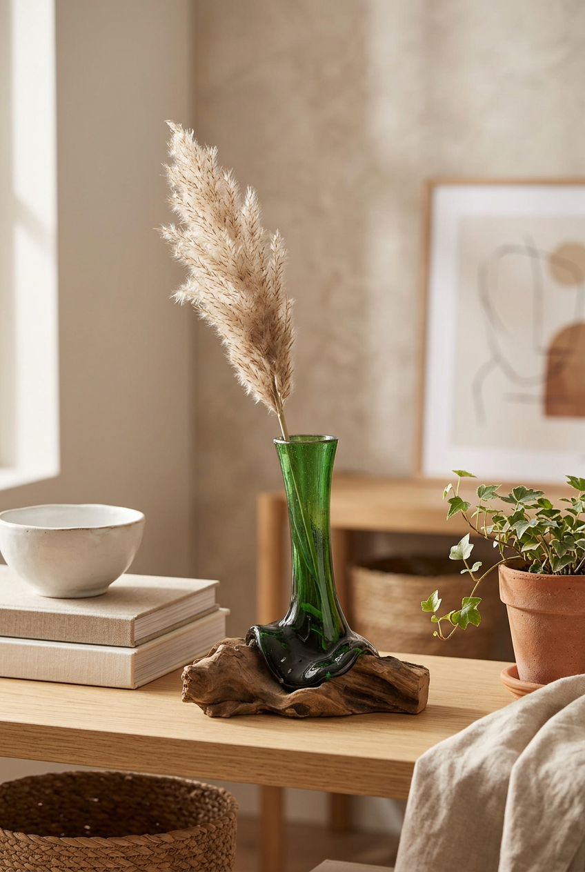 Recycled Beer Bottles - Flower Vase on Wood