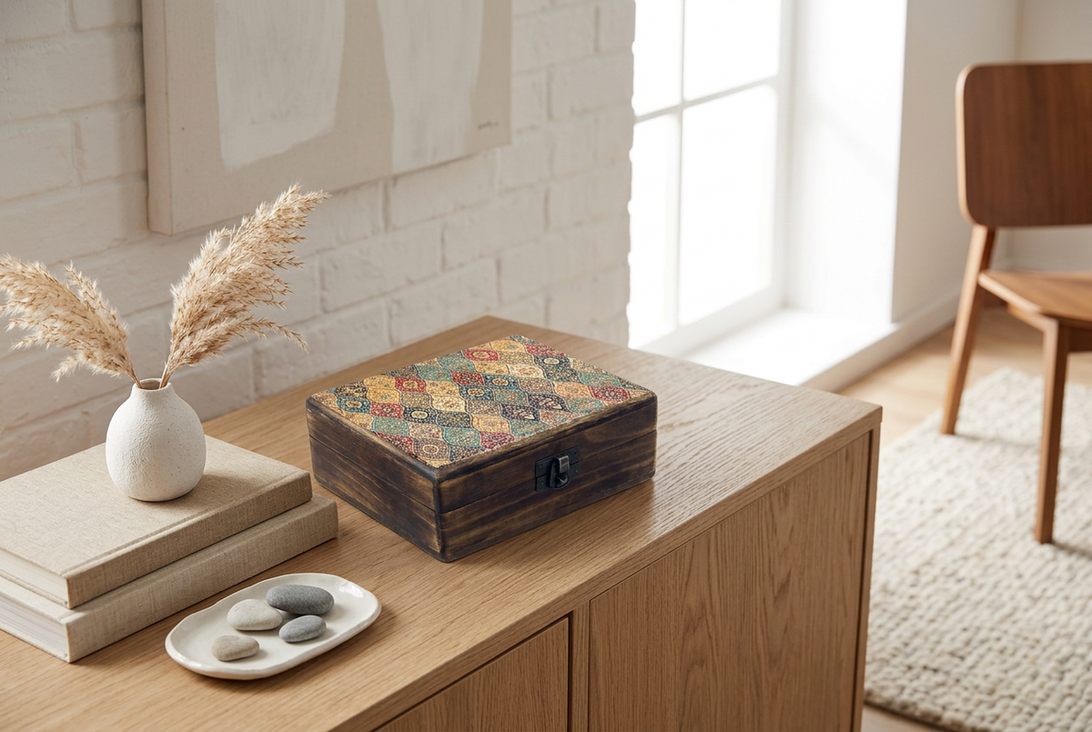 Medium Ceramic Glazed Wood Box - 15x10x6cm - Trad - Pattern