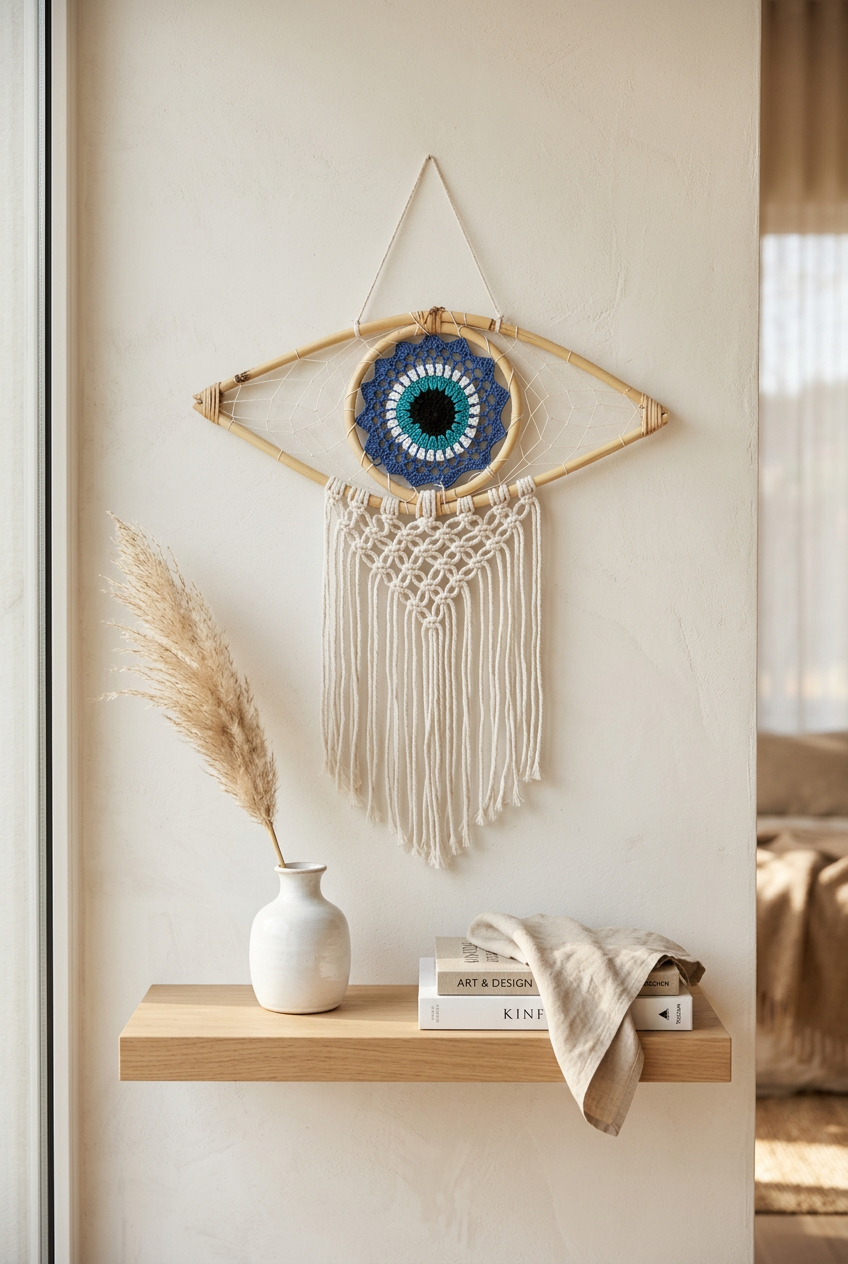 Protection Dream Catcher - Med Macrame Evil Eye Blue/White/Black