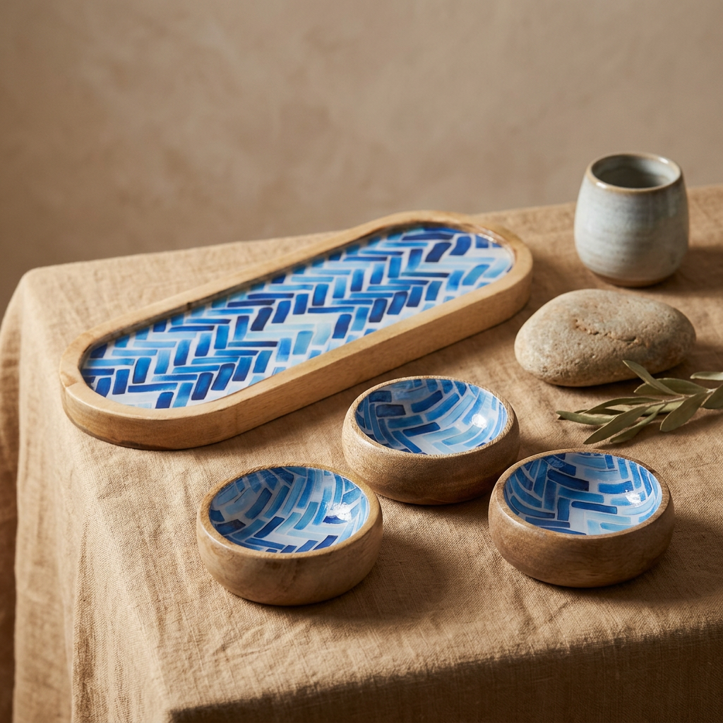 Mango Wood Tray with 3 Bowls - Blue Stripes