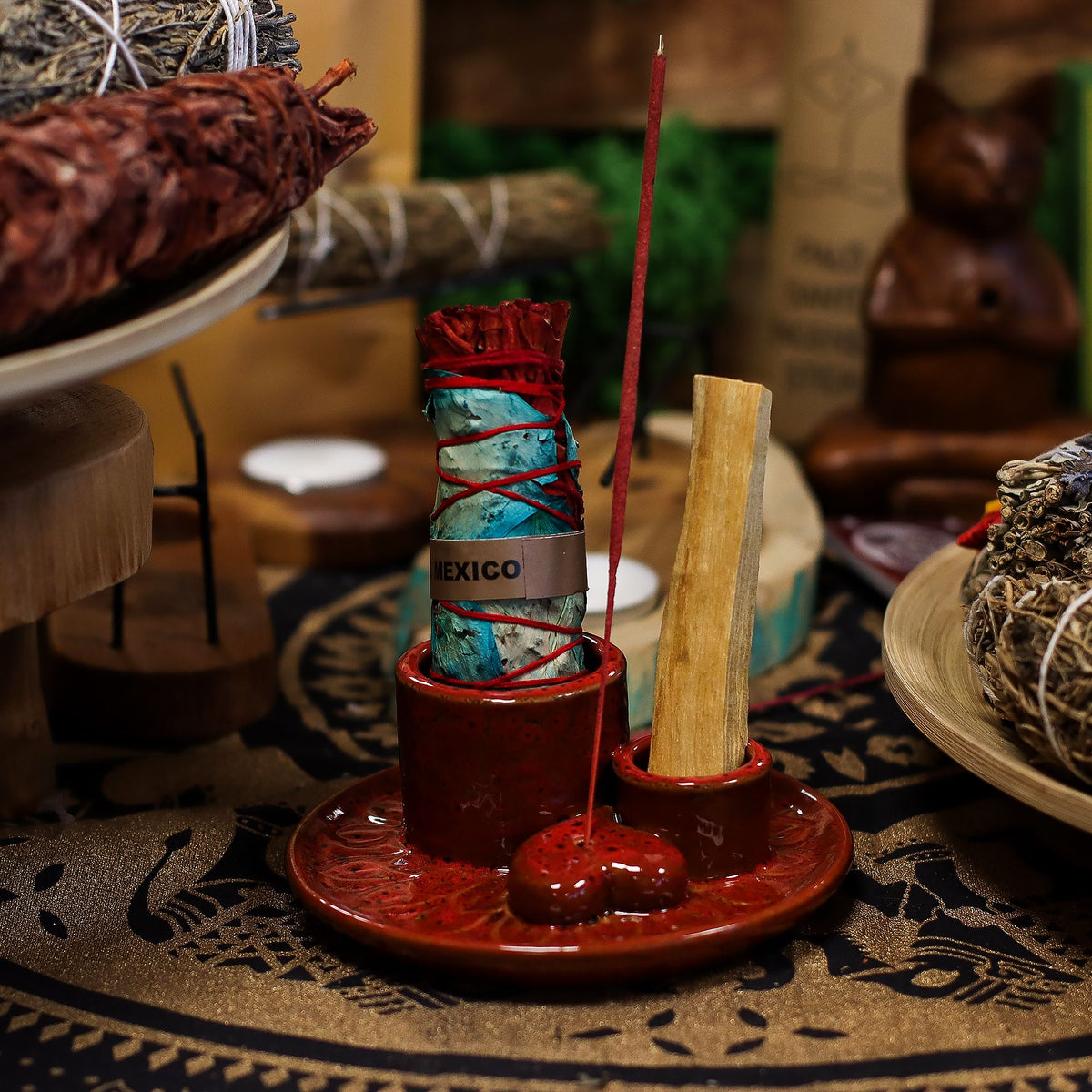 Palo Santo Stick & Smudge Holder - Mandala - Red with Heart Gloss