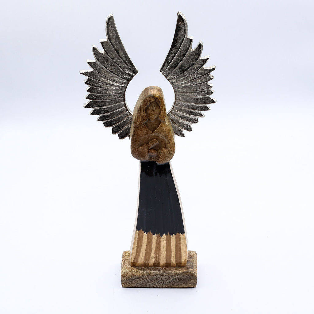 Large Mango Wood Guardian Angel Metal Wings & Enamel Detail