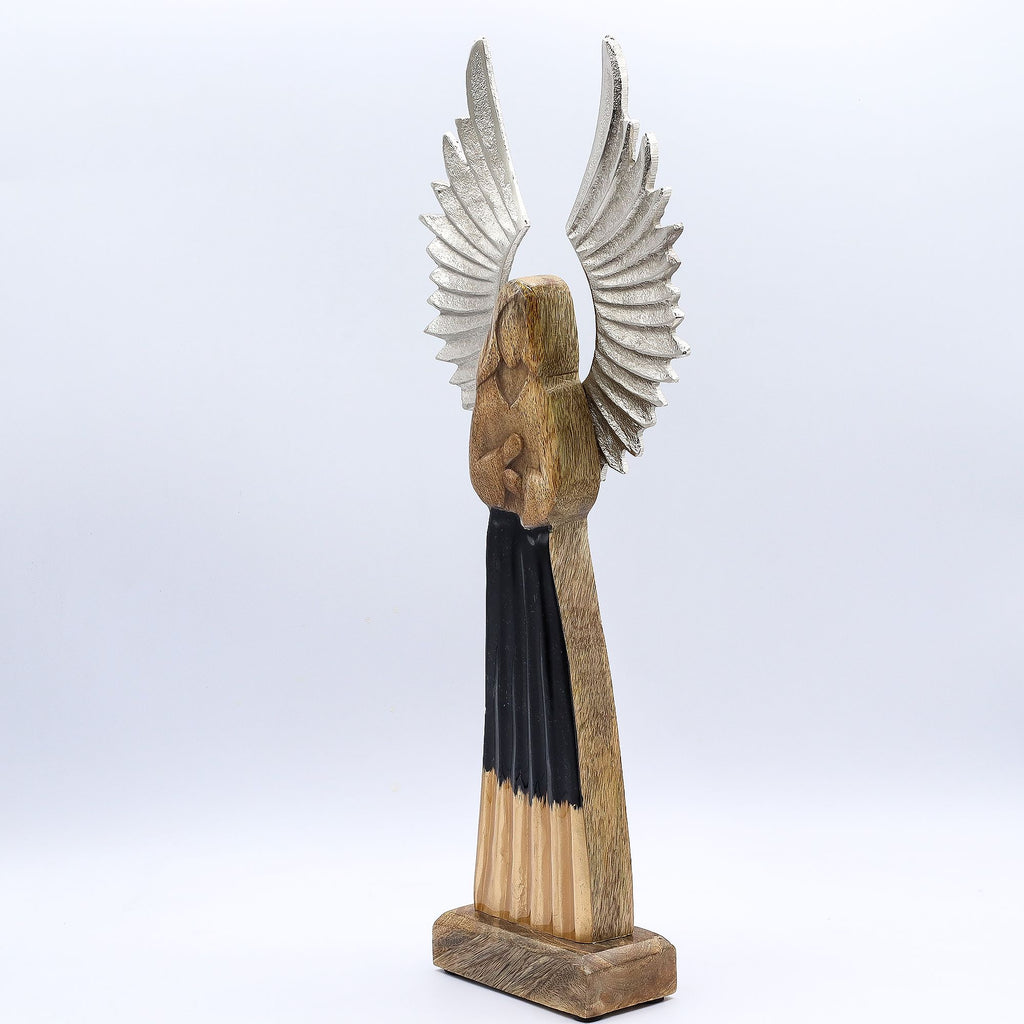 Large Mango Wood Guardian Angel Metal Wings & Enamel Detail