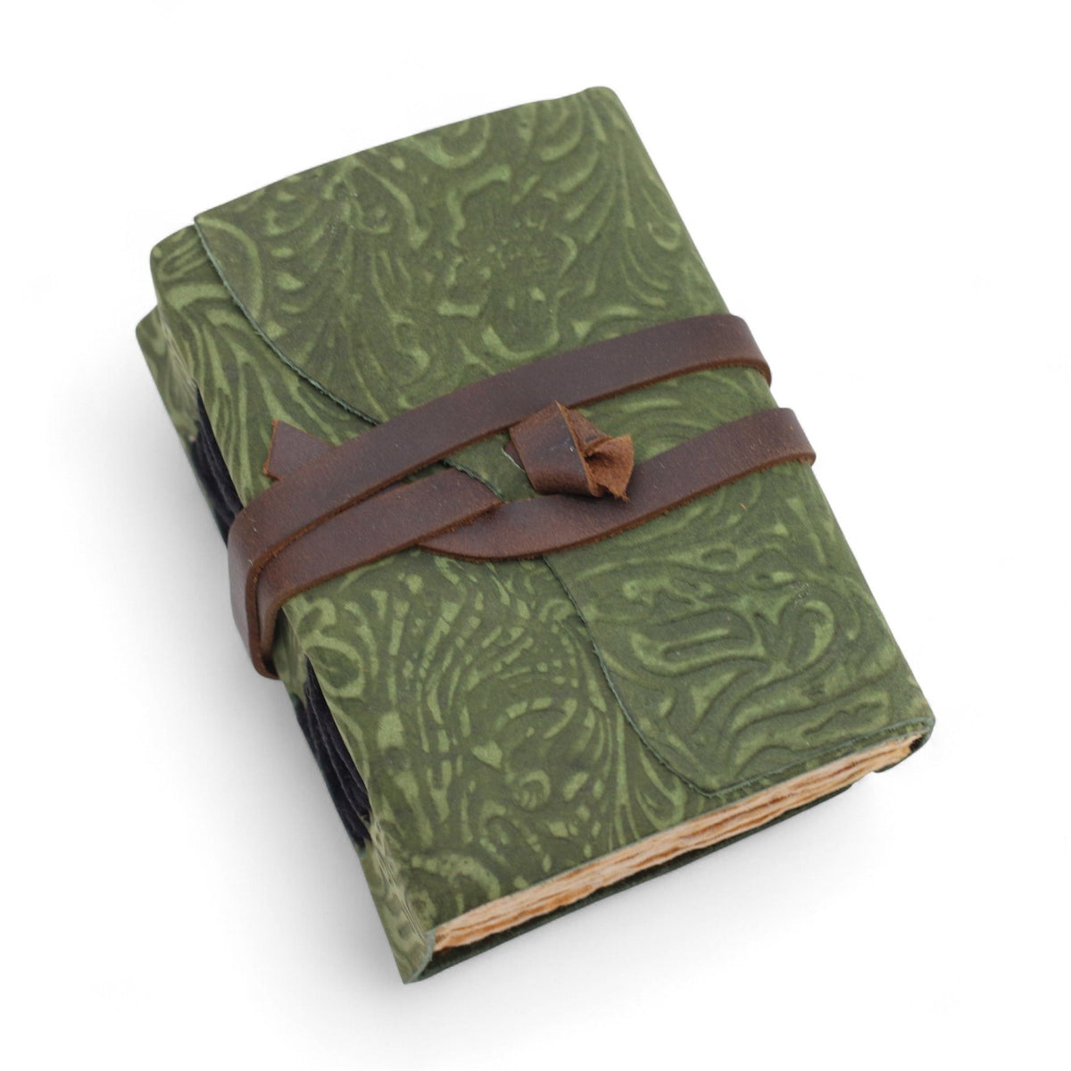 Fat Deckled Leather Notebook - Green Maze Pattern - 12.7x8.9 cm