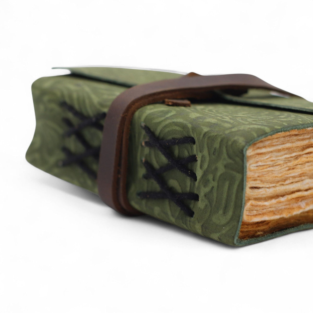 Fat Deckled Leather Notebook - Green Maze Pattern - 12.7x8.9 cm